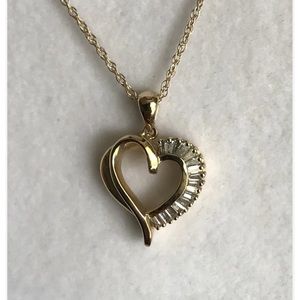 14K Yellow Gold Baguette Diamond Open Heart Necklace